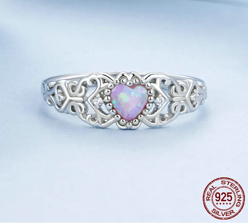 925 Sterling Silver Vintage Vine Ring with Pink Fire Opal
