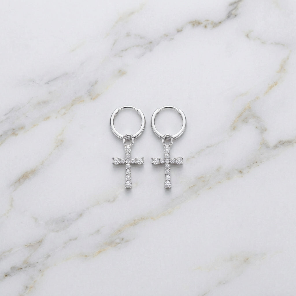 Cross Hoop Earrings with Lab-Grown Diamonds in 925 Sterling Silver