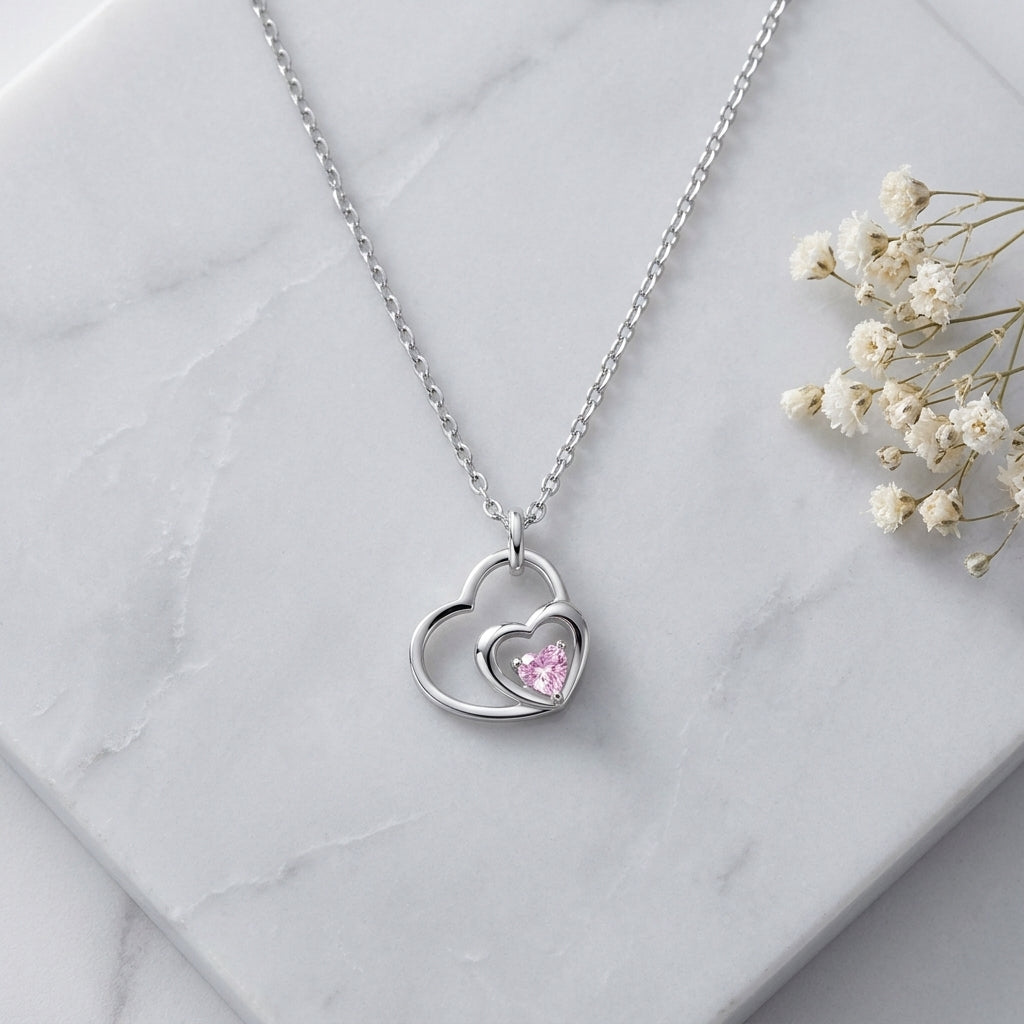 Double Heart Simulated Pink Diamond Necklace in 925 Sterling Silver