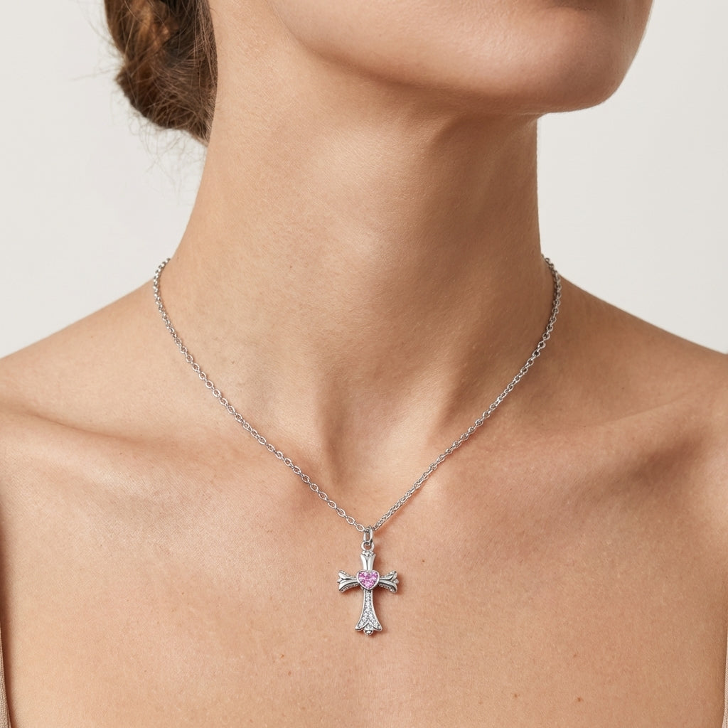 Dainty Gothic Cross Necklace with Pink Lab-Grown Diamonds in 925 Sterling Silver
