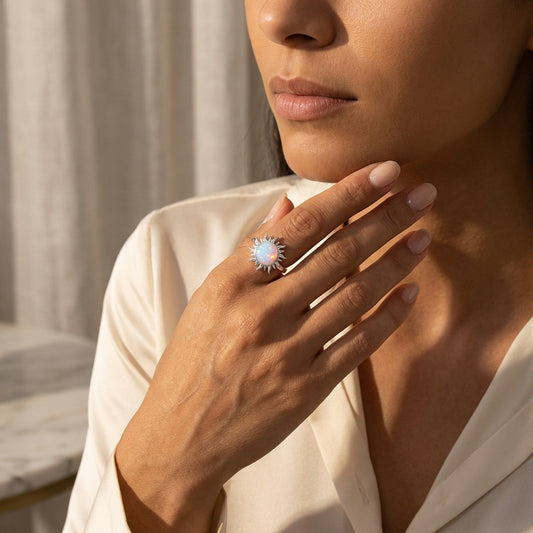 925 Sterling Silver Adjustable Opal Sunburst Ring – Dainty Open Fire Opal Ring for Women