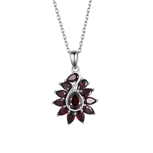 2 CTTW Pear Shape Natural Garnet Floral Pendant Necklace in 925 Sterling Silver