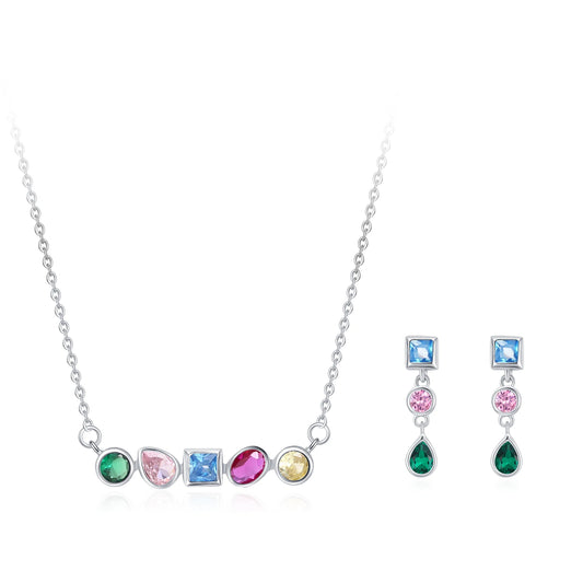 A silver necklace and matching drop earrings set with colorful gemstones