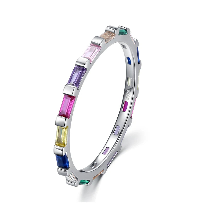 925 Sterling Silver Rainbow Emerald Cut CZ Ring