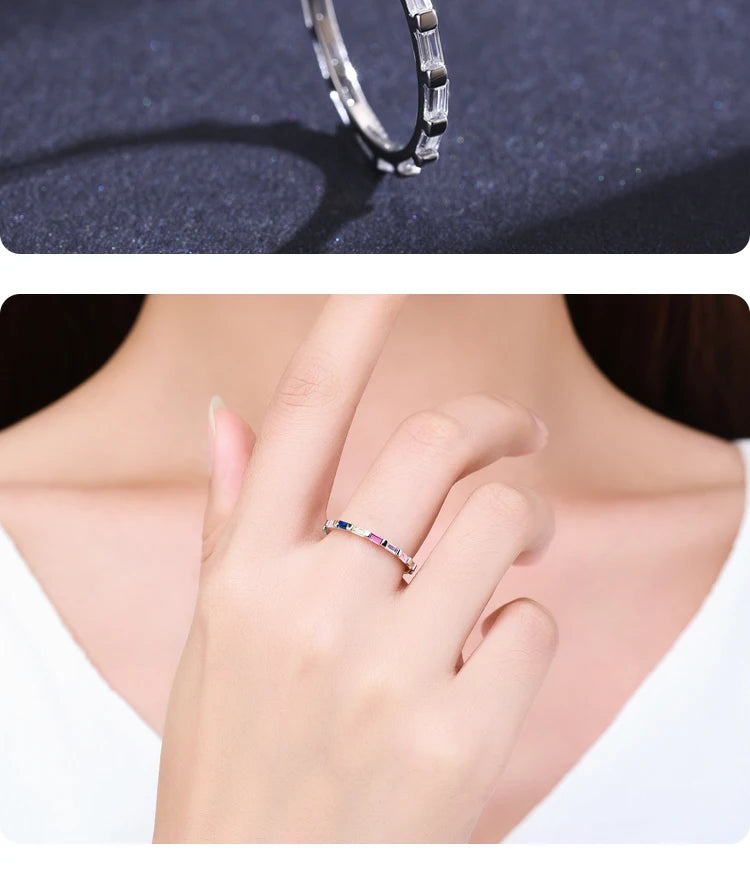 925 Sterling Silver Rainbow Emerald Cut CZ Ring