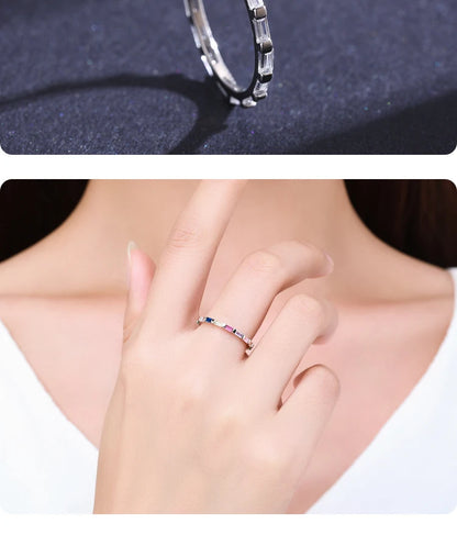 925 Sterling Silver Rainbow Emerald Cut CZ Ring