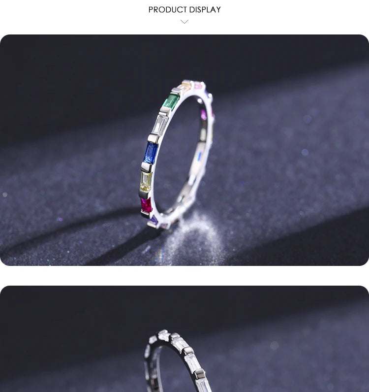 925 Sterling Silver Rainbow Emerald Cut CZ Ring