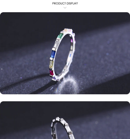 925 Sterling Silver Rainbow Emerald Cut CZ Ring