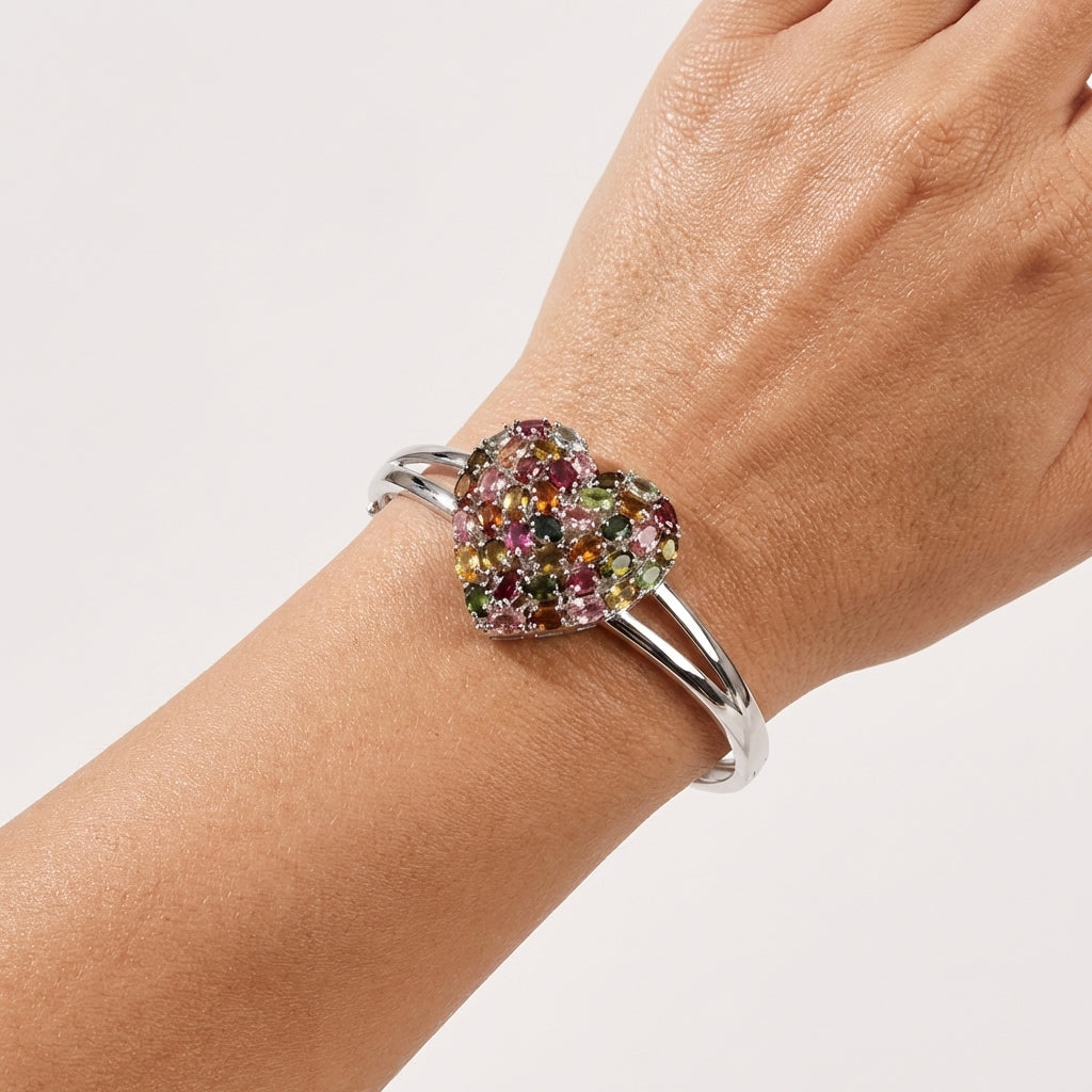 Oval Multi-Tourmaline Heart Bangle Bracelet