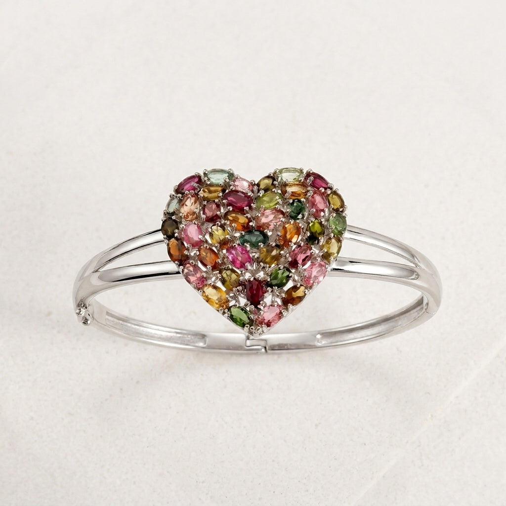 Oval Multi-Tourmaline Heart Bangle Bracelet