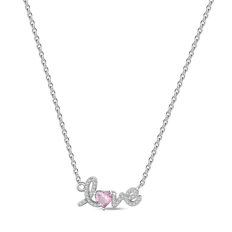 Love Pink Heart Necklace in 925 Sterling Silver