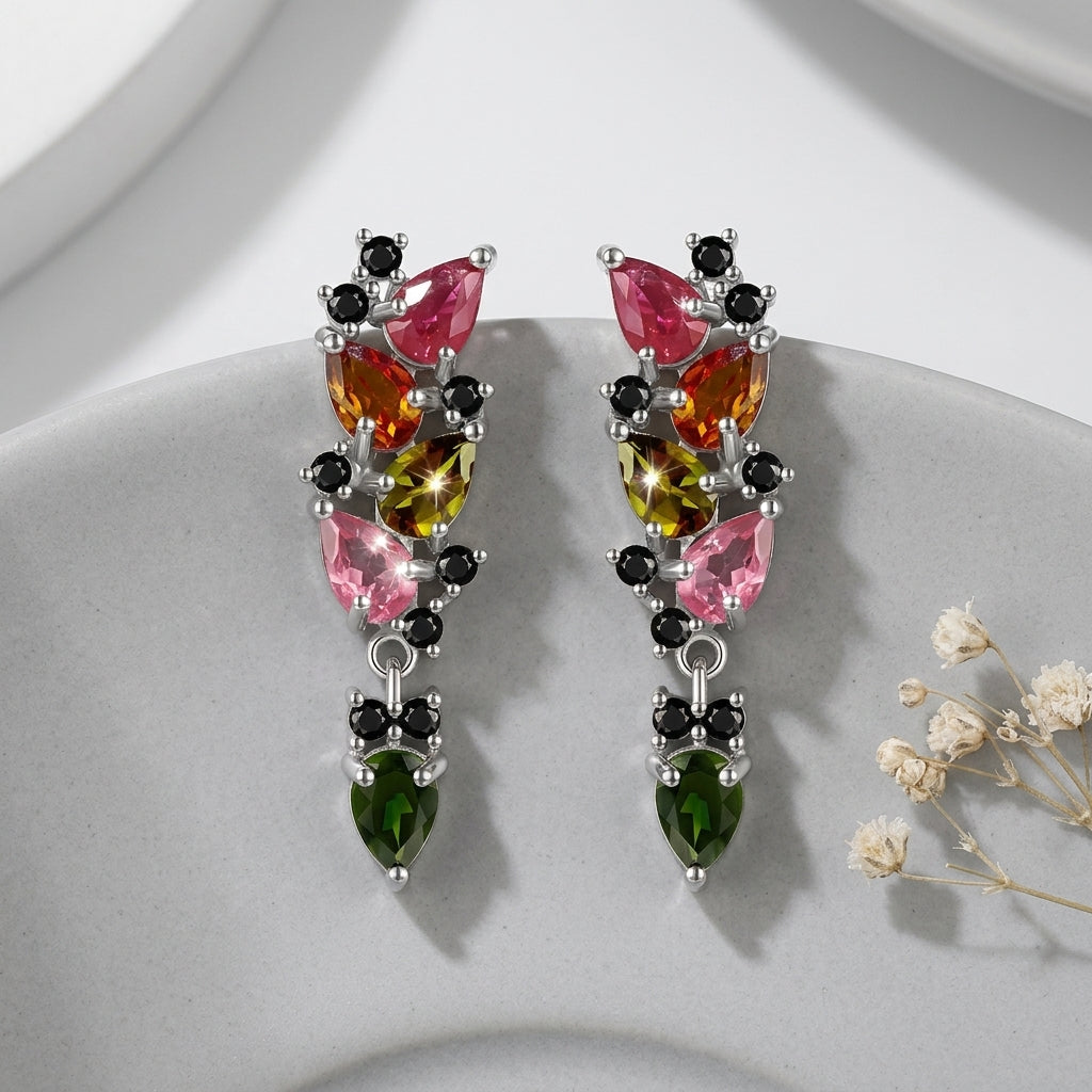 Multi Tourmaline Dangle Earrings in 925 Sterling Silver