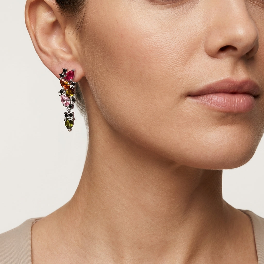 Multi Tourmaline Dangle Earrings in 925 Sterling Silver