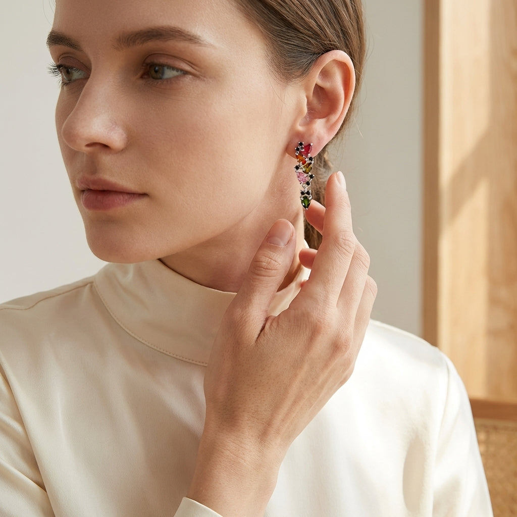 Multi Tourmaline Dangle Earrings in 925 Sterling Silver