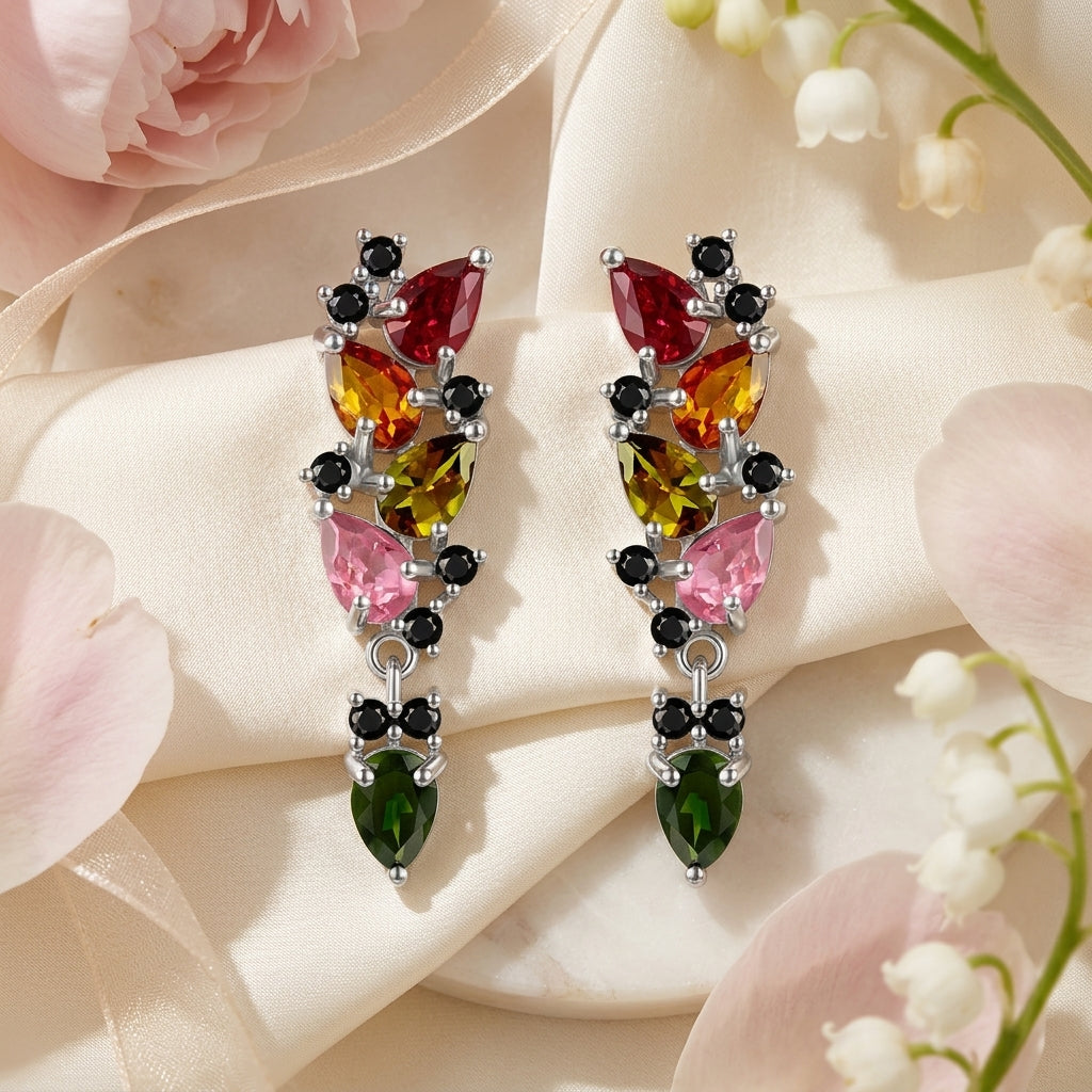 Multi Tourmaline Dangle Earrings in 925 Sterling Silver