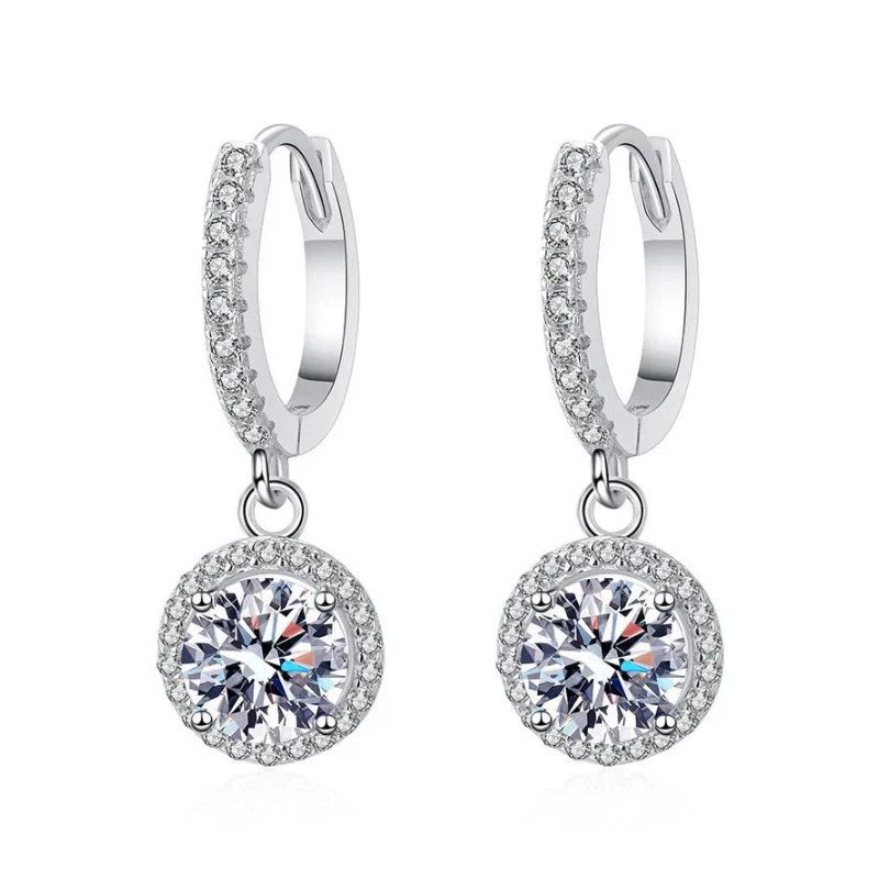 Halo Drop Hoop Earrings with Round Brilliant Stone – 925 Sterling Silver Dangle Earrings