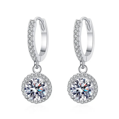 Halo Drop Hoop Earrings with Round Brilliant Stone – 925 Sterling Silver Dangle Earrings
