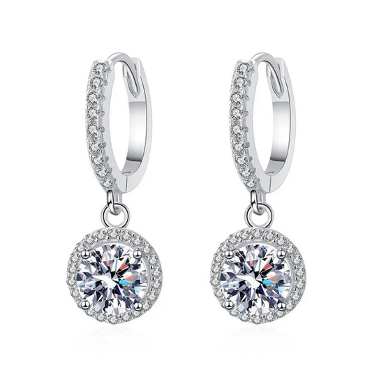 Halo Drop Hoop Earrings with Round Brilliant Stone – 925 Sterling Silver Dangle Earrings