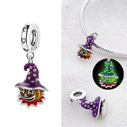 925 Sterling Silver Halloween Charm – Pumpkin Wagon & Magic Hat Bead for Bracelet or Pendant