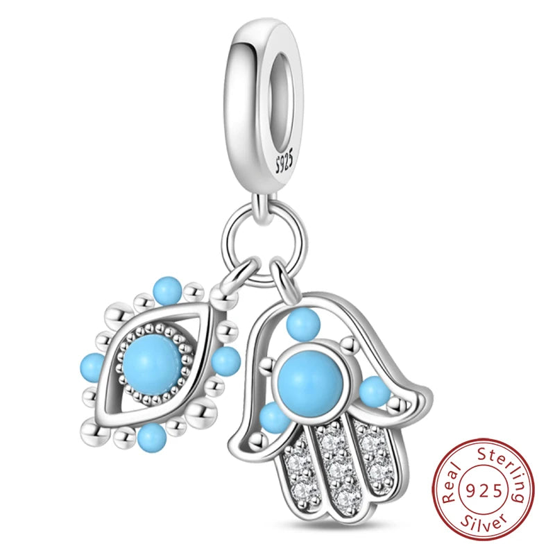 925 Sterling Silver Evil Eye & Hamsa Charms – Blue CZ Protection Beads for Bracelet or Necklace
