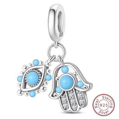 925 Sterling Silver Evil Eye & Hamsa Charms – Blue CZ Protection Beads for Bracelet or Necklace