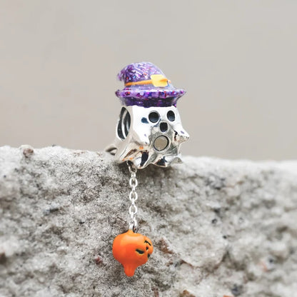 925 Sterling Silver Halloween Charm – Pumpkin Wagon & Magic Hat Bead for Bracelet or Pendant