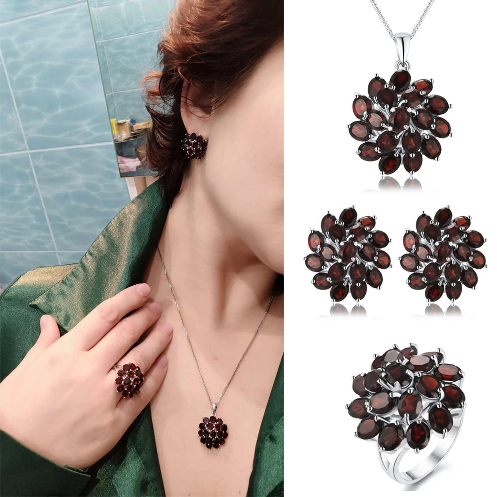 Natural Garnet Floral Cluster Jewelry Set in 925 Sterling Silver – Necklace, Ring & Earrings