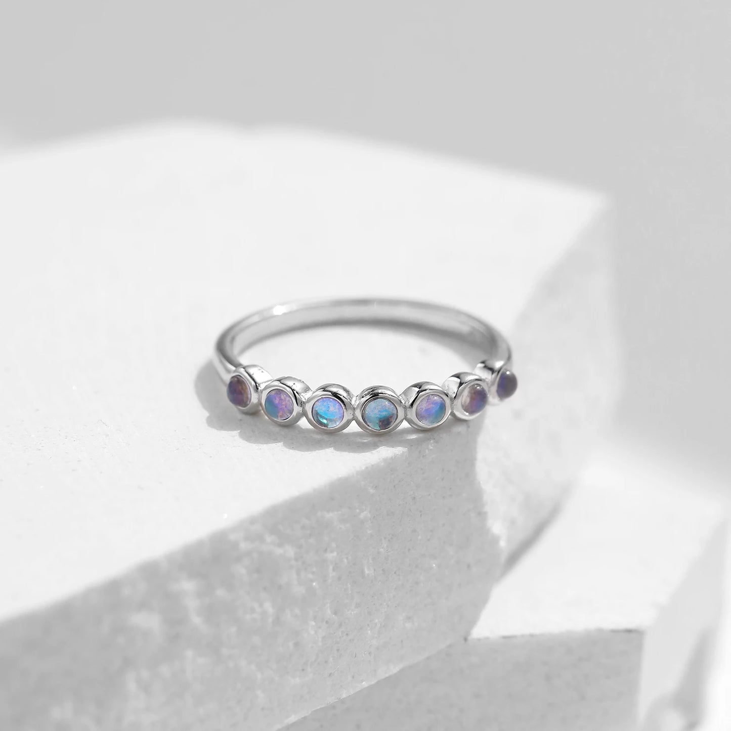 Round Moonstone Half-Eternity Band in 925 Sterling Silver – Stackable Bezel Ring