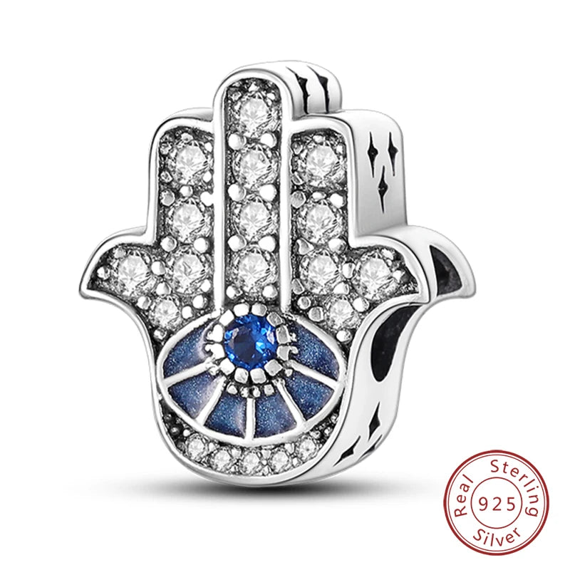 925 Sterling Silver Evil Eye & Hamsa Charms – Blue CZ Protection Beads for Bracelet or Necklace