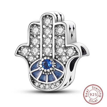 925 Sterling Silver Evil Eye & Hamsa Charms – Blue CZ Protection Beads for Bracelet or Necklace
