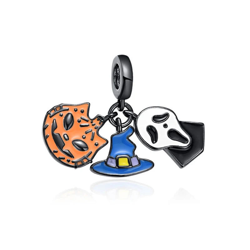 925 Sterling Silver Halloween Charm – Pumpkin Wagon & Magic Hat Bead for Bracelet or Pendant
