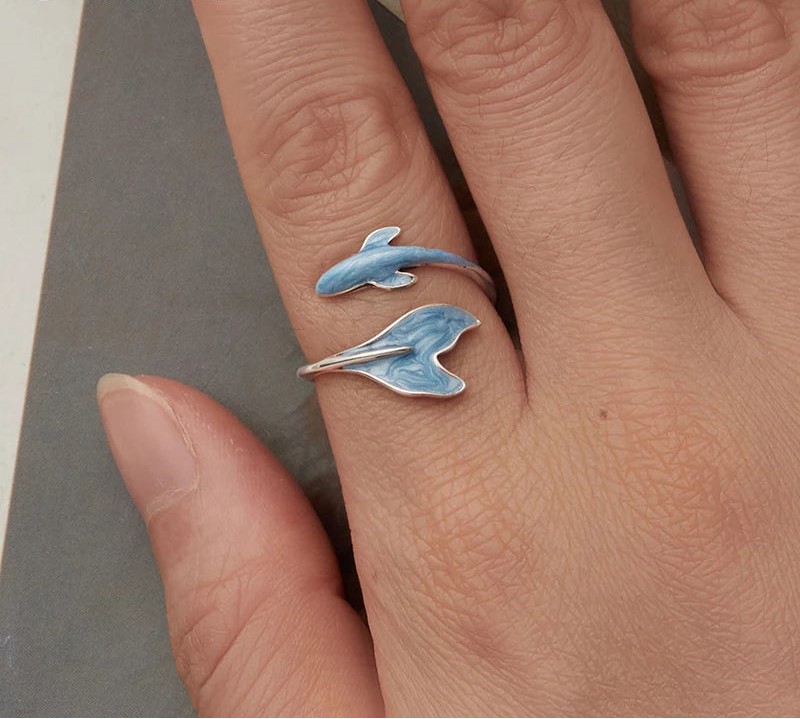 Blue Enamel Dolphin Open Ring