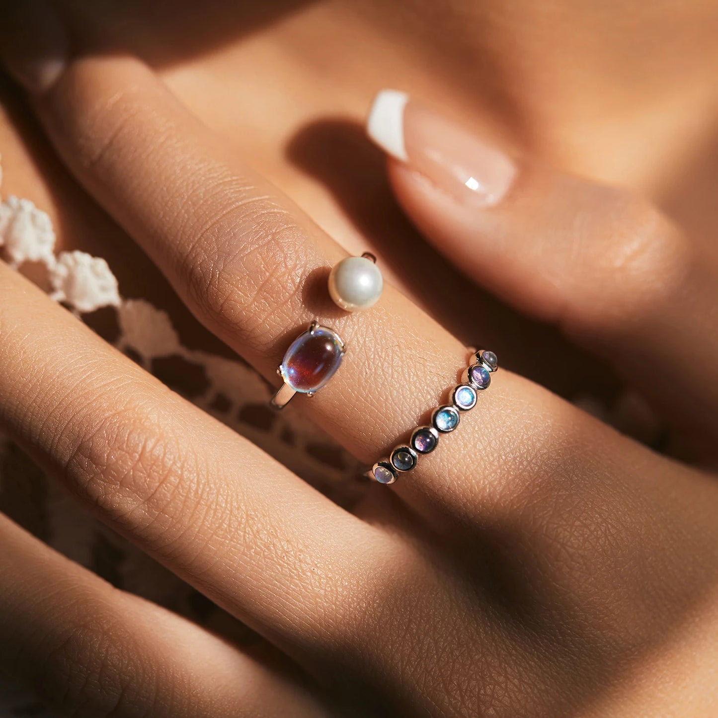 Round Moonstone Half-Eternity Band in 925 Sterling Silver – Stackable Bezel Ring