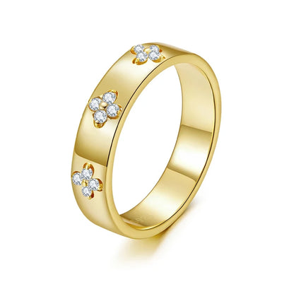 925 Sterling Silver Lucky Clover Moissanite Ring – Gold Plated Wide Band