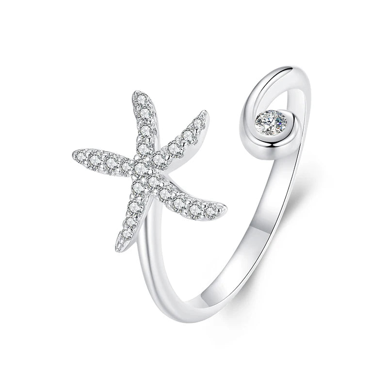 Ocean-Inspired Adjustable Ring in 925 Sterling Silver – Starfish, Turtle, Wave & Opal Designs