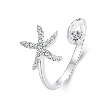Ocean-Inspired Adjustable Ring in 925 Sterling Silver – Starfish, Turtle, Wave & Opal Designs