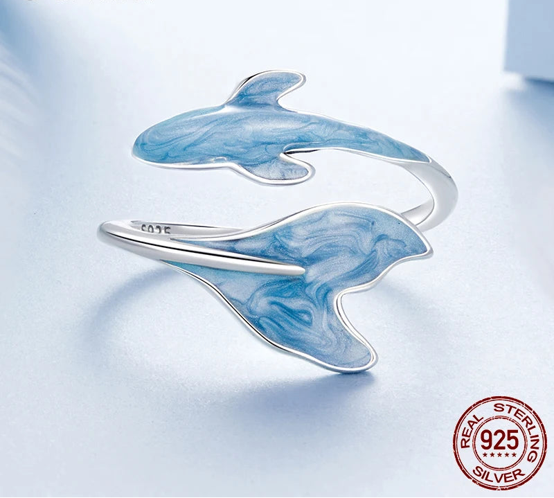 Blue Enamel Dolphin Open Ring