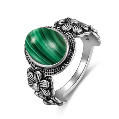 Vintage Natural Malachite Sun & Flower Ring in 925 Sterling Silver
