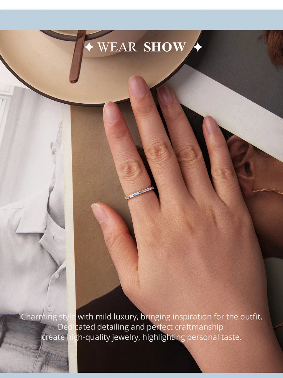 Rainbow Baguette Eternity Ring in 925 Sterling Silver – Dainty Stackable Band