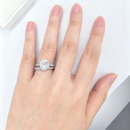 Oval Cut Moissanite Halo Engagement Ring Set with Lab-Grown Diamond Accents – 925 Sterling Silver Bridal Set