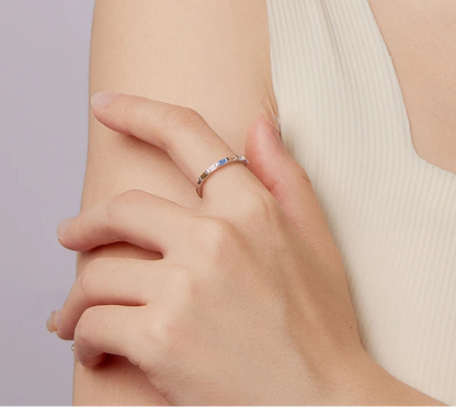 Rainbow Baguette Eternity Ring in 925 Sterling Silver – Dainty Stackable Band