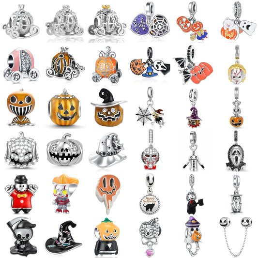 925 Sterling Silver Halloween Charm – Pumpkin Wagon & Magic Hat Bead for Bracelet or Pendant