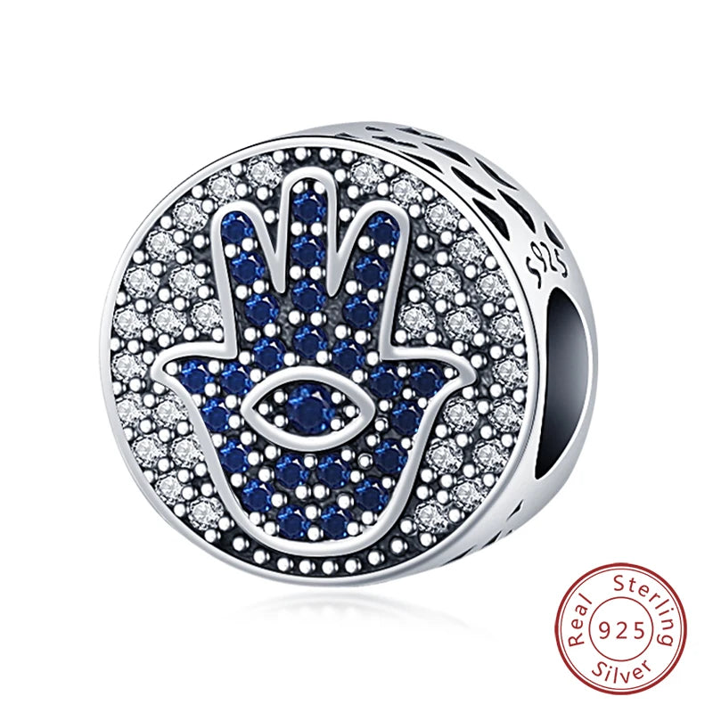 925 Sterling Silver Evil Eye & Hamsa Charms – Blue CZ Protection Beads for Bracelet or Necklace
