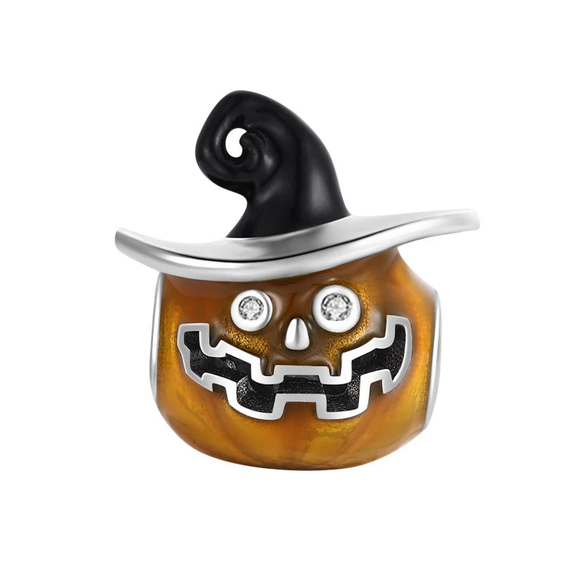 925 Sterling Silver Halloween Charm – Pumpkin Wagon & Magic Hat Bead for Bracelet or Pendant