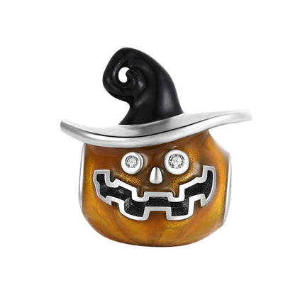 925 Sterling Silver Halloween Charm – Pumpkin Wagon & Magic Hat Bead for Bracelet or Pendant