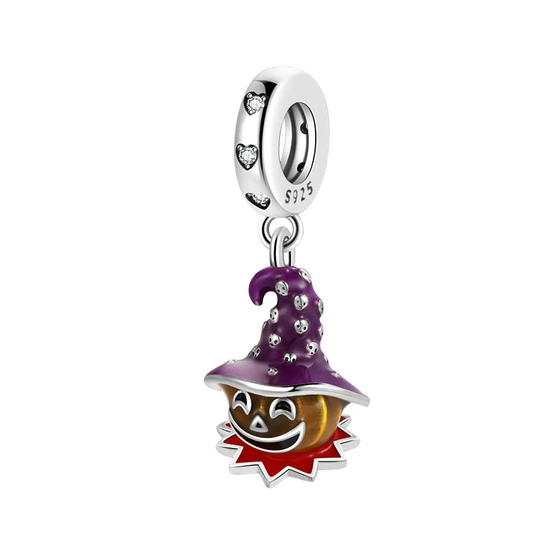 925 Sterling Silver Halloween Charm – Pumpkin Wagon & Magic Hat Bead for Bracelet or Pendant