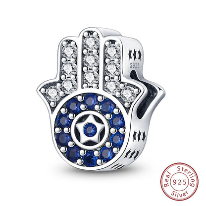925 Sterling Silver Evil Eye & Hamsa Charms – Blue CZ Protection Beads for Bracelet or Necklace