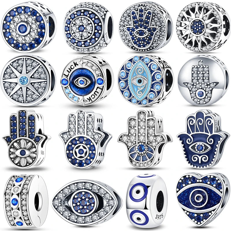 925 Sterling Silver Evil Eye & Hamsa Charms – Blue CZ Protection Beads for Bracelet or Necklace