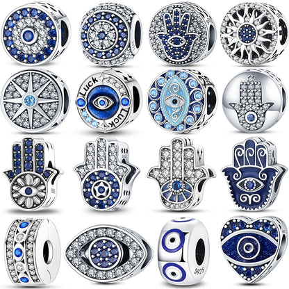 925 Sterling Silver Evil Eye & Hamsa Charms – Blue CZ Protection Beads for Bracelet or Necklace