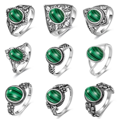 Vintage Natural Malachite Sun & Flower Ring in 925 Sterling Silver